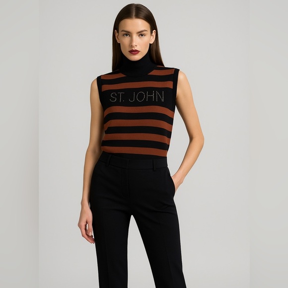 St John striped sweater mock neck sleeveless wool blend studs excellent Size M - Picture 9 of 9